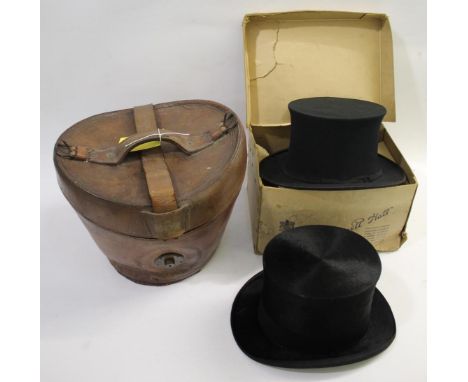LEATHER HAT BOX &amp; TOP HATS a mixed lot including a leather hat box, marked inside for Dunlap &amp; Co (31cms high), a bla