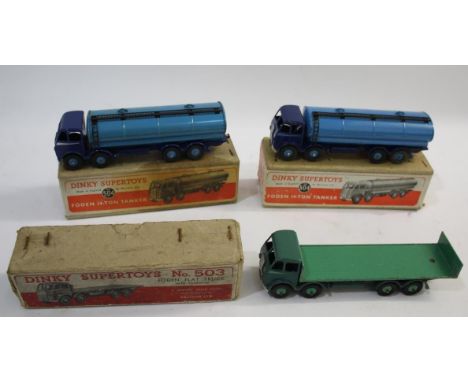 DINKY SUPERTOYS - FODEN 3 boxed models, 504 Foden 14 Ton Tanker (dark blue cab and chassis, light blue tank), another similar