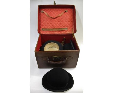 LEATHER HAT BOX, TOP HAT &amp; BOWLER HATS a vintage leather hat with a lined interior, with a black top hat by Lincoln Benne