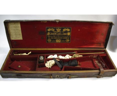 VINTAGE GUN CASE - JOSEPH LANG &amp; SON a vintage leather gun case with brass lock and corners, with an oak and material lin