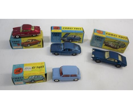 CORGI TOYS boxed cars including 316 NSU Sport Prinz, 264 Oldsmobile Toronado, 332 Lancia Fulvia Sport (metallic blue), and 22