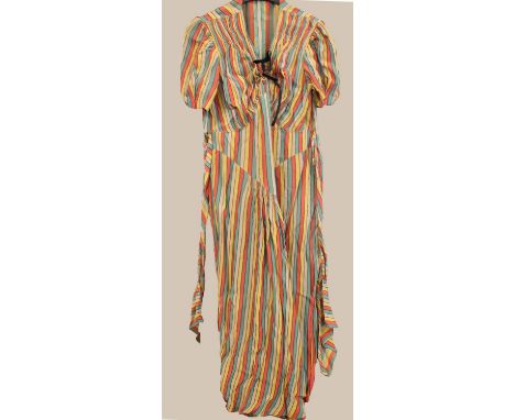 VINTAGE CLOTHING &amp; TEXTILES including a 1930's striped dress (119cms high), a navy blue cocktail dress and matching jacke