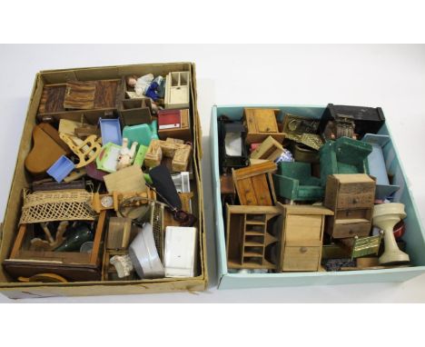 DOLLS HOUSE FURNITURE two boxes of antique and vintage dolls house furniture and various accessories.
