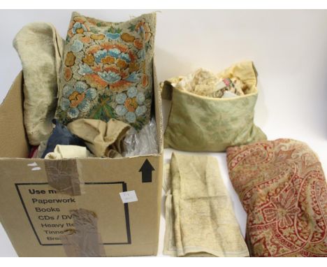 PAISLEY SHAWL, LACE &amp; TEXTILES a mixed lot including a woven wool paisley shawl, a WWII silk escape map, an unfinished cr