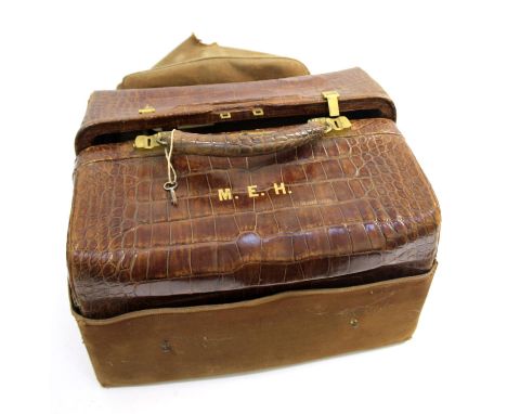 CROCODILE SKIN GLADSTONE BAG &amp; SILVER TOP JARS &amp; ACCESSORIES a crocodile skin gladstone bag with brass lock and catch