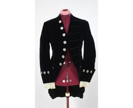PRESENTATION AT COURT OUTFIT, SWORD &amp; ACCESSORIES - LORD SWINFEN a 1925 silk velvet costume, shoes, and hat in an Ede &am