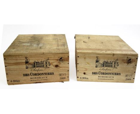 WINE - TWO CASES OF CHATEAU DES CARDONNIERS 2 unopened wooden cases with 12 bottles of Chateau Des Cordonniers Bordeaux 2009.