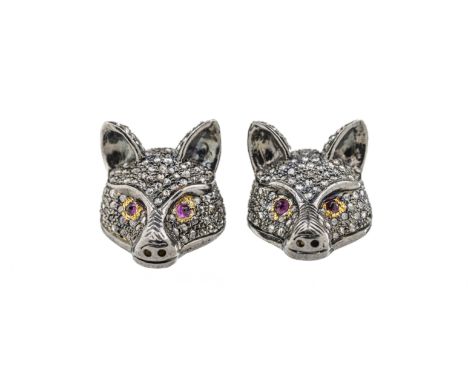 A novelty pair of silver-gilt diamond earrings,  in the form of fox heads, ruby-set eyes, pave set rose-cut diamonds througho