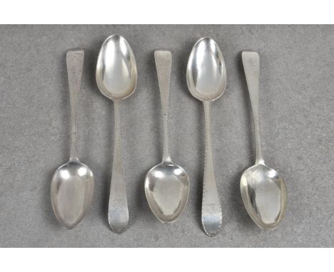 A closely matched set of five late 18th century Irish silver table spoons  John Pittar, Dublin 1782/83, with bright cut borde