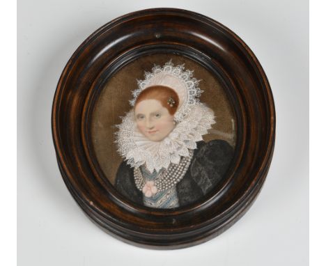 Dutch School, 19th century  a portrait miniature of an early 17th century lady, oval watercolour, with a wide petalled ruff a