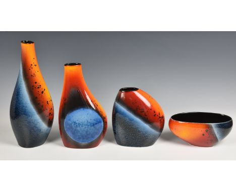 Four Alan Clarke for Poole Pottery Flare vases  comprising a Flare Asymmetrical Twist Vase, 13¼in. (33.5cm.) high, with the o