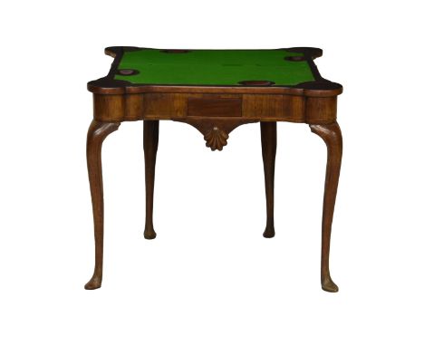 A 19th century walnut card table in the George I style  the rectangular top with projecting corners opening to a baize lined 