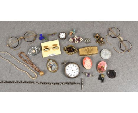 A rummage tray of vintage / antique jewellery  To include a 9ct gold chain with sphere,16g; silver pocket watch and chain, sp