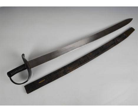 A Royal Navy No.2 'Lead cutter' sword with leather and brass scabbard the single edged flatback blade with a plain basket hil