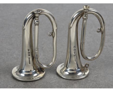 A pair of late Victorian novelty silver Regimental Bugle menu / place card holders  Cornelius Desormeaux Saunders &amp; Franc