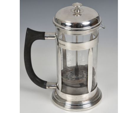 A modern silver cafetiere with ebony handle by Camelot Silver, Sheffield  date marked 2000, with Bodum glass (possibly replac