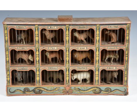 A rare 19th century German wooden zoo cage with flocked covered animals  could possibly originated from the Erzgebirge area, 