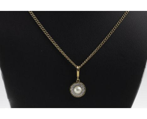 A yellow and white gold cultured pearl and diamond halo pendant,  the 5.4mm pearl surrounded by eight-cut diamonds set in whi