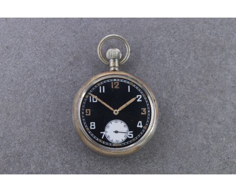 A Record keyless wind open faced WW2 military pocket watch  the black, unsigned dial with white subsidiary seconds at 6, Arab