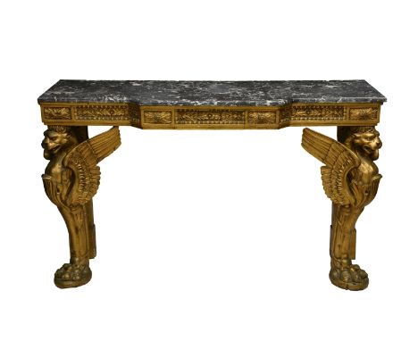An early 20th century carved giltwood console table in the Neo Classical style  with a variegated grey and white grain marble