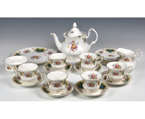 A Royal Albert Berkeley pattern tea service for six  printed factory marks, comprising a teapot, cake plate, cream jug, sugar