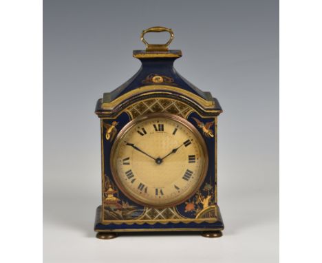A dark blue and gilt Japanned mantle clock  with Chinese character on the top curve, decorated with pagoda, birds and cherry 