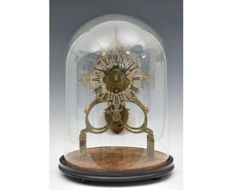 A 19th century brass skeleton clock  with pierced skeletonised silvered Roman dial, single fusee movement with anchor escapem