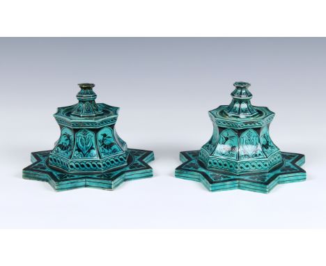 A closely matched pair of Iznik style porcelain candlesticks by Samson of Paris  late 19th century, probably for the Turkish 