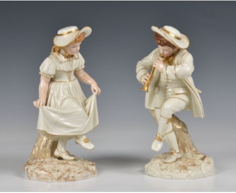 A pair of Royal Worcester figural spill vases circa 1885  in the form of a young couple, the girl wearing a bonnet and the bo