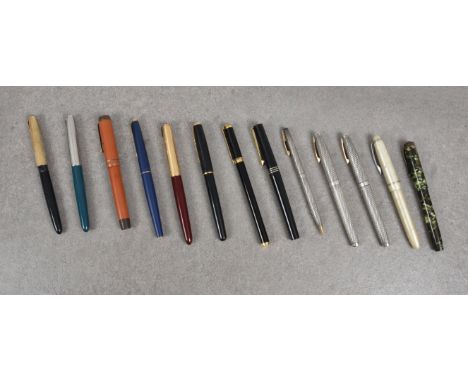 A collection of vintage pens and pencils  To include silver Sheaffer three piece pen pencil set; Conway Stewart 14ct nib foun