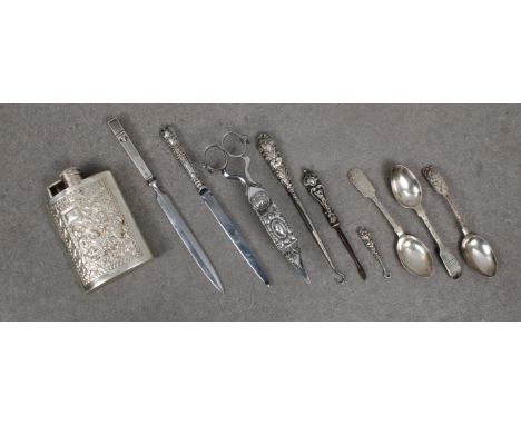 A small collection of silver  to include two silver letter openers, the largest 8½in. (21.5cm.) long; silver mounted button h