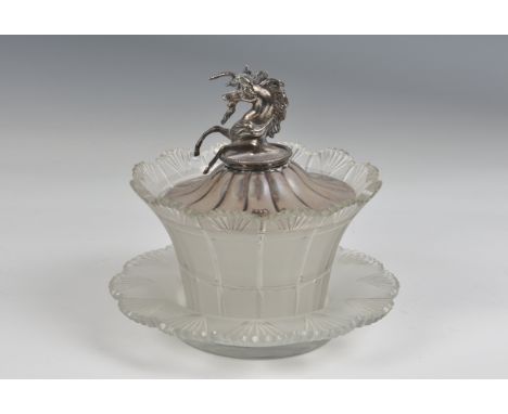 A William IV silver lidded butter dish  comprising a cut frosted glass bowl on a separate base with a silver lid surmounted b