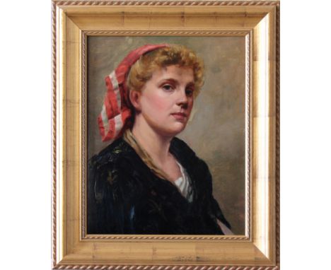 George Parr (exhib. 1888-1912)  Portrait of a Woman in a Red Headscarf, oil on canvas, inscribed in pencil on original stretc