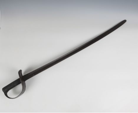 A cutlass with half-basket hilt the 33½in. (83.8cm.) slightly curved, single edged, fullered blade with rounded tip, impresse