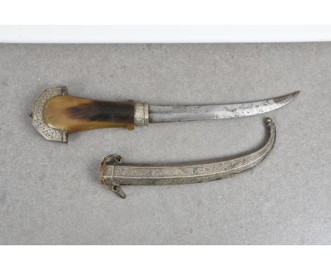 A 19th century Khanjar dagger with silver plated mounts, horn handle and curved double edged 22cm blade, the scabbard etched 