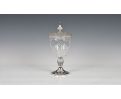 A fine Sterling silver and cut glass goblet and cover  American, mid-20th century, the goblet with etched and cut flora, foli