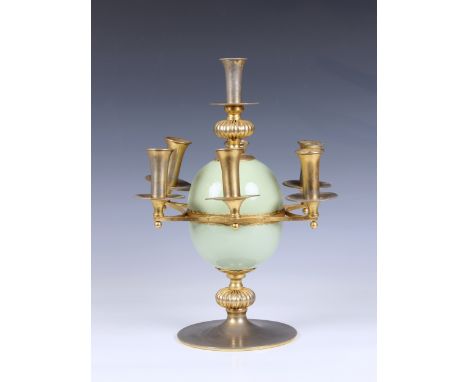 A vintage Christian Dior gilt metal and porcelain seven light candelabra  1960s-70s, the ovoid body in celadon green glaze, m
