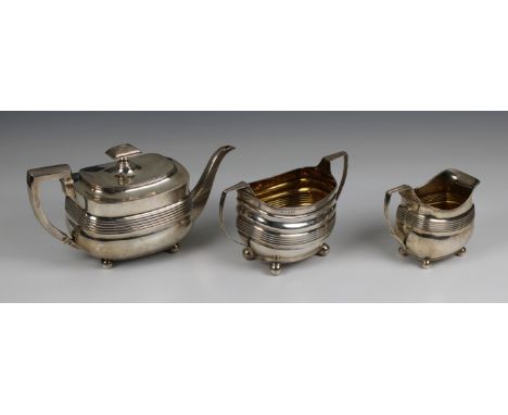 A George III silver matched three piece tea service  The teapot, Alice &amp; George Burrows, London, 1806, sugar basin and ju