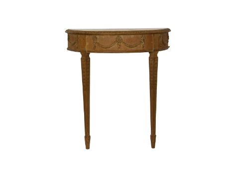 A small pine Louis XV style demi-lune console table  19th century, the frieze with applied swagged decoration, on two husk de