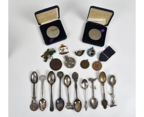 A collection of various shooting spoons and medals  of varying types and ages, to include a boxed Miniature Rifle Club spoon,