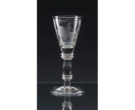 A Williamite wine glass, 19th century  probably late 19th century, the conical bowl engraved with an equestrian portrait of W