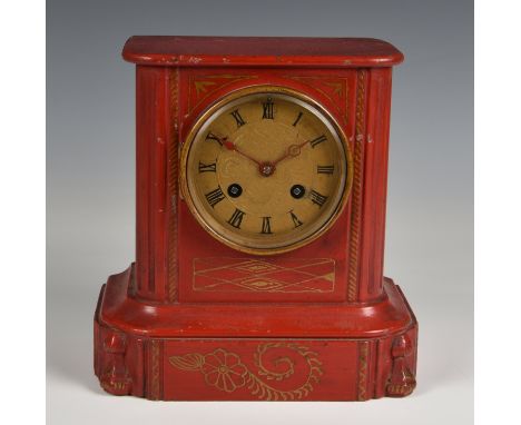 A French red lacquered slate mantel clock  early 20th century, the twin train movement signed 'O. Berger A Paris 101', with h