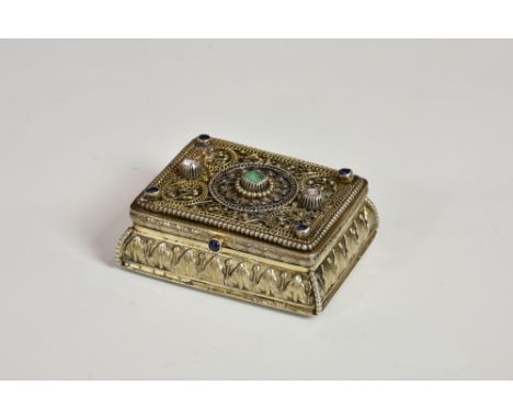 An Indian or Persian silver gilt and jewelled snuff box  19th century, impressed marks to base and cover, in the form of a mi