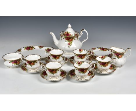 A Royal Albert Old Country Roses pattern tea service for six  printed factory marks, comprising a teapot, cake plate, cream j