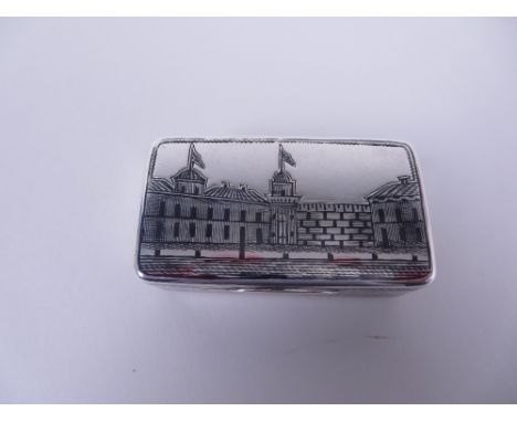 A Russian Niello Snuff Box, the lid decorated palace, vacant cartouche to base, 2 1/4in