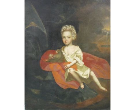 CIRCLE OF JAMES MAUBERT (1666-1746)Portrait of a Childseated on a rug, wearing a white dress and red wrap, holding a pet bird