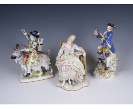 A Meissen style porcelain Figure of Count Bruhl's Tailor astride a goat, blue crossed swords mark, incised 171, 9in H, a Meis