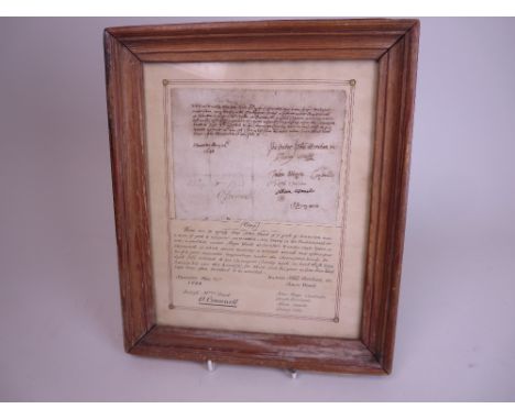 A most interesting Document, bearing the signature of Oliver Cromwell, concerning the liability of arrest of a widow for the 