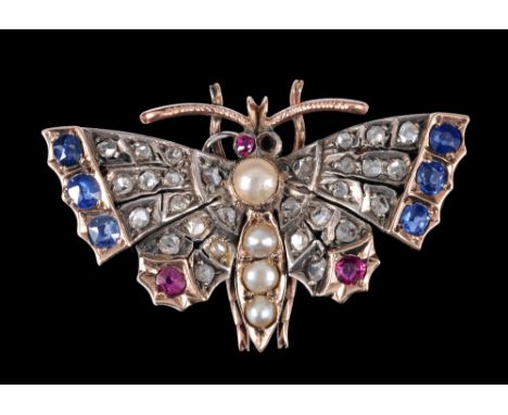 A gem and pearl set Butterfly Brooch pavé-set throughout rose-cut diamonds and round rubies and sapphires, pearls to throat i