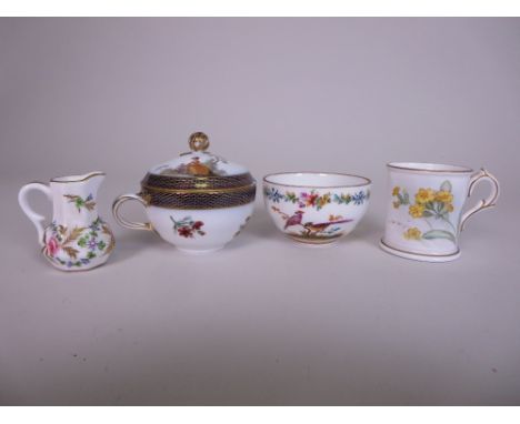 A small Dresden Bowl painted exotic birds and flowers, a Dresden Cup and Cover painted romantic figures and flowers, cover ch